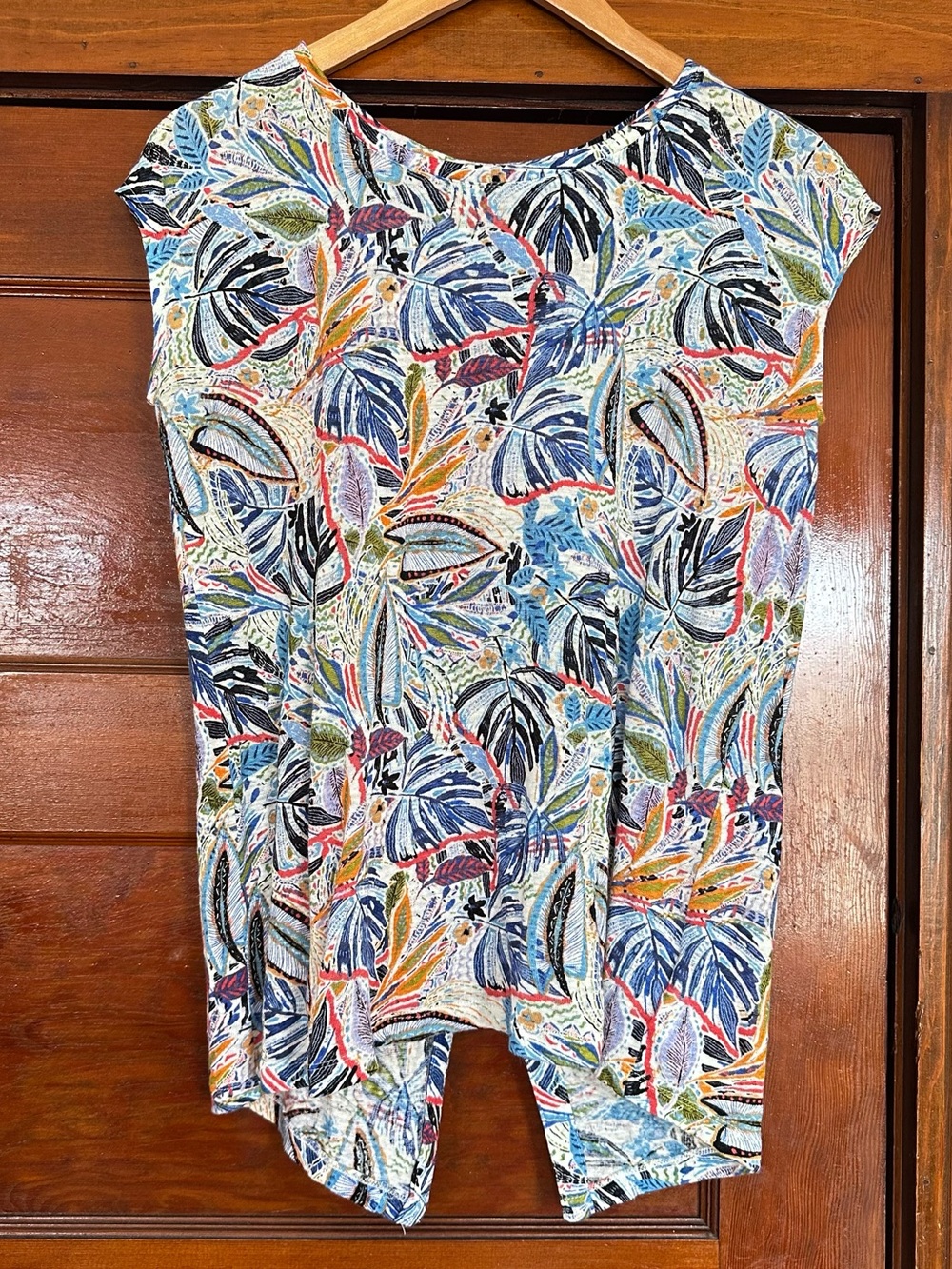 Linen Botanical Leaf Cap Sleeve Top Multicolor Medium Coastal Tropical Vacation